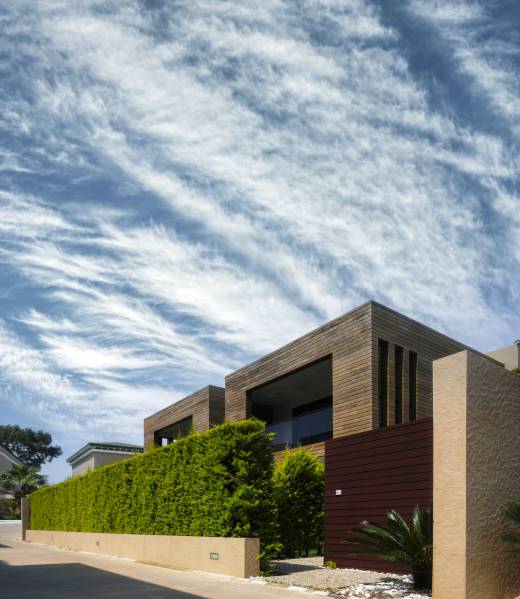 Modern houses with green plant wall Modern houses with green plant wall on blue sky background. Actual eco architecture. Real estate concept